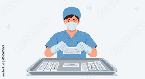 Surgeon preparing sterile surgical instruments for operation in operating room