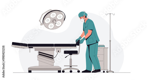 Surgeon preparing operating room with surgical table and lights