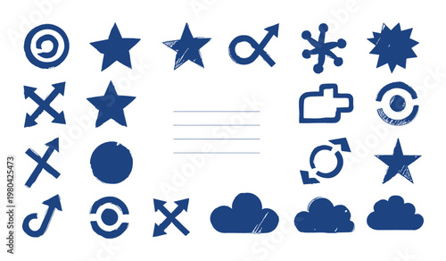 Blue hand drawn including stars clouds arrows targets and circles