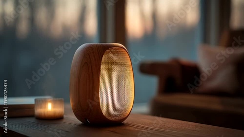 Modern wooden speaker illuminating cozy living room