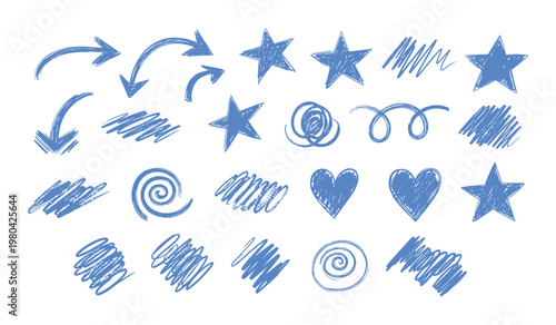 Collection of blue hand drawn marks including arrows stars hearts swirls and scribbles
