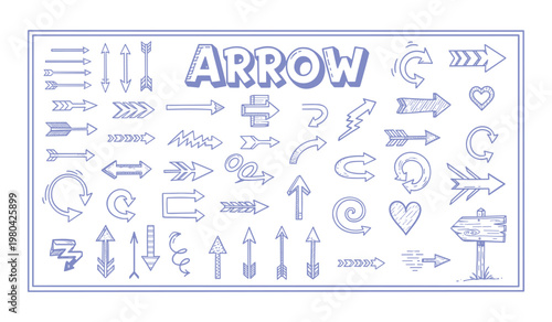 Collection of various blue arrow symbols and with different arrows variety