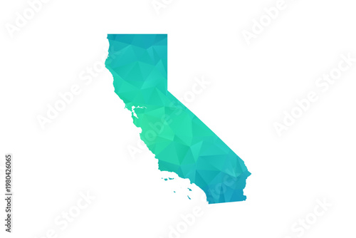 California Map - Polygon Style Vector Illustration in Green and Blue Gradient, Low Poly Geometric Design, Isolated on White Background, Perfect for Infographics and Learning Use.