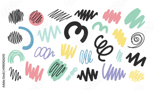 Colorful doodles and squiggles in various shapes and colors including black yellow pink green blue