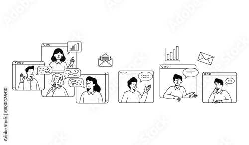 Group of people engaged in conferencing on laptops discussing ideas and sharing insights discussion