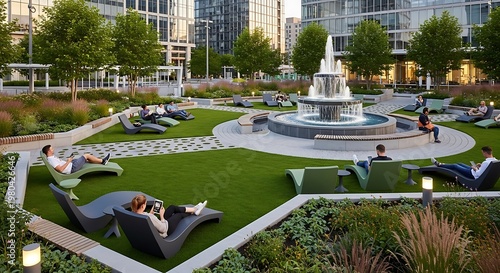 Modern urban park with fountain and seating.