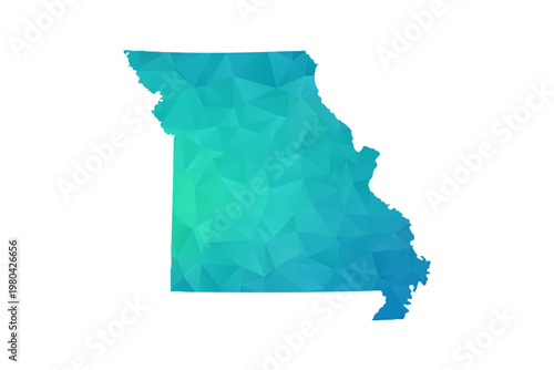 Missouri Map - Polygon Style Vector Illustration in Green and Blue Gradient, Low Poly Geometric Design, Isolated on White Background, Perfect for Infographics and Learning Use.