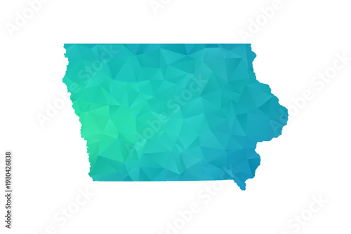 Iowa Map - Polygon Style Vector Illustration in Green and Blue Gradient, Low Poly Geometric Design, Isolated on White Background, Perfect for Infographics and Learning Use.
