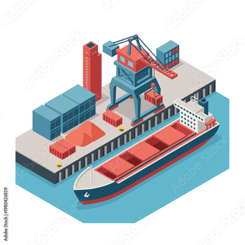 Isometric Cargo Ship Unloading at Port Terminal with Crane.
