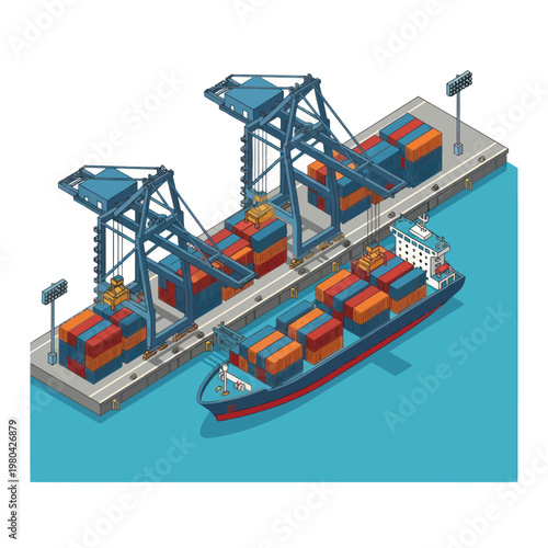 Isometric View of Container Ship and Port Cranes Loading Cargo.