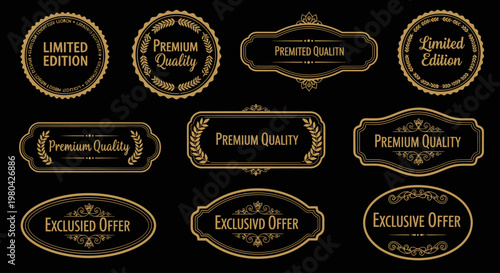 Set of premium quality and exclusive offer golden badges and labels on black background.