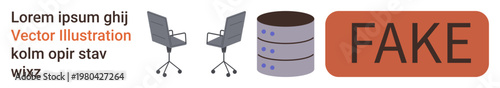 Misinformation, hoaxes, fake content, office environments, data storage, warning symbols. Illustration showing fake label, two chairs data servers. Misinformation and hoaxes concept