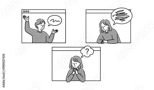 Three panels showing businessmen communicating through conferencing on computer screens communication