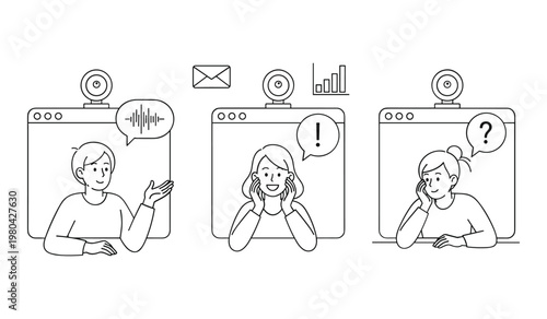 Three conference screens showing woman experiencing microphone issues and audio problems call meeting