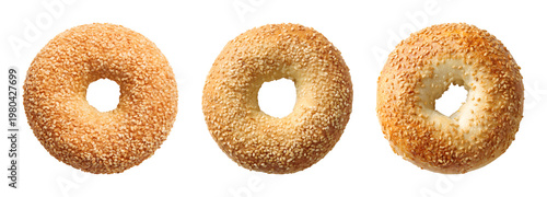 Fresh sesame bagels collection of bread products for breakfast and bakery menus, PNG set isolated on transparent background
