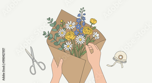 Flat Minimalist Illustration Set of Startup Pitch, Ocean Cleanup, Digital Healthcare, E-learning, Marketing Analytics, Airport Kiosk, Coffee Brewing, VR Gaming, Rocket Launch, and Home Plant Decoratio