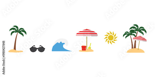 Summer beach icon set, palm tree wave sunglasses umbrella sun silhouettes, tropical vector collection