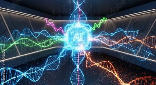 DNA double helix strands glowing colors.