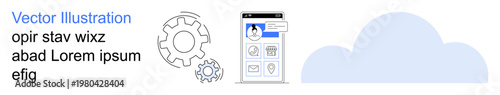 Technology, data storage, cloud computing, mobile apps, software development, innovation. Gear icons, phone interface and cloud shape. Technology and data storage concept
