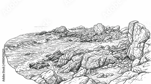 Detailed Ink Drawing of a Rocky Seascape with Crashing Waves.