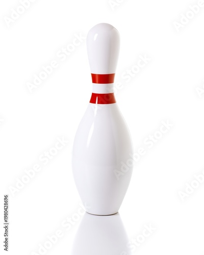 Clean White Bowling Pin with Red Stripes, Isolated on White Background, Minimalist Sports Concept, Studio Shot