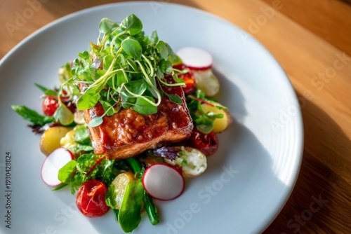 Artistic Plating of Healthy Meal with Negative Space Emphasizing Single Food Item