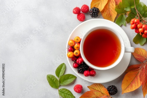 Autumn Herbal Tea with Berries and Colorful Leaves in Cozy Arrangement
