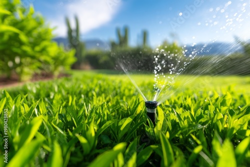 Bright Sunny Day in Backyard Garden with Sprinkler System Watering Lush Green Lawn