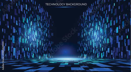 A futuristic, blue-hued technological setting, featuring towering walls of luminous grids that simulate Big Data transmission. An immersive environment with data streams flowing throughout the space.