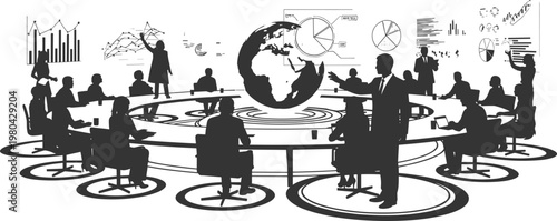 A striking silhouette illustration depicts a round table discussion with numerous figures conveying themes of diplomacy and negotiation
