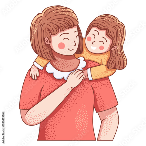 An affectionate illustration of a happy mother and her daughter embracing each other with warm smiles, depicting a loving family relationship.