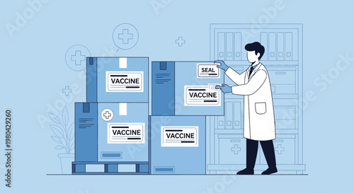 Doctor checking vaccine boxes in storage, medical supply chain, pandemic prevention