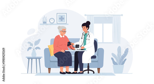 Doctor checks elderly woman's blood pressure at home, healthcare visit, medical care