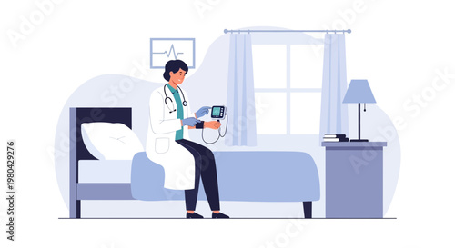 Doctor checks patient's blood pressure in hospital room, medical equipment, healthcare concept