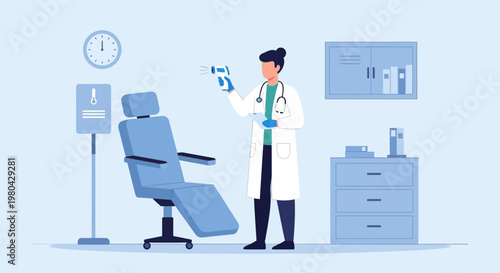 Doctor checks patient temperature with infrared thermometer in clinic examination room