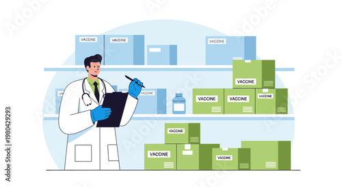 Doctor checking vaccine stock in storage, medical supplies, healthcare concept