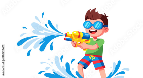 Happy Boy with Water Gun Playing with Water Splashes, Summer Fun