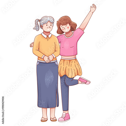 hand-drawn illustration depicting a joyful bond between an adult daughter and her aging senior mother