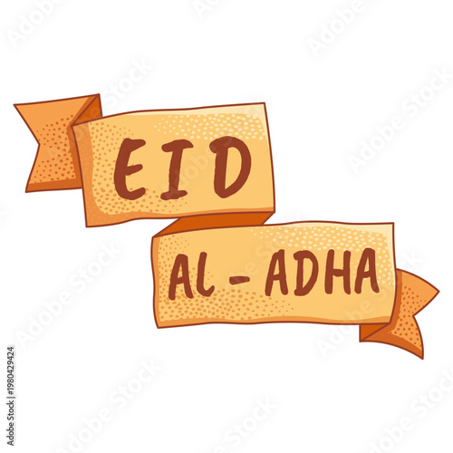 hand-drawn decorative element of ribbon banner featuring "Eid al-Adha" typography
