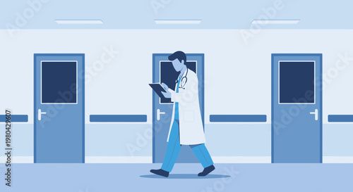 Doctor walking in hospital corridor with tablet, medical professional, healthcare concept
