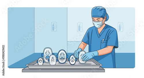 Doctor with facial masks showing emotions, mental health, therapy, and psychological concept.