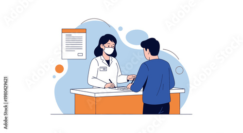 Doctor with mask talking to patient at reception desk, filling out medical form