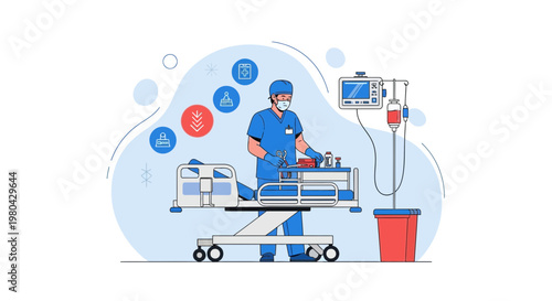 Doctor with medical equipment and patient bed, healthcare concept