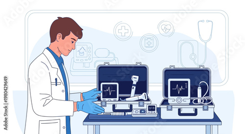 Doctor with medical equipment cases, diagnostic tools, and vital signs monitors