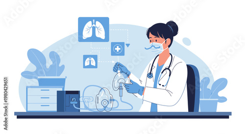 Doctor with medical equipment, lung illustration, respiratory care concept