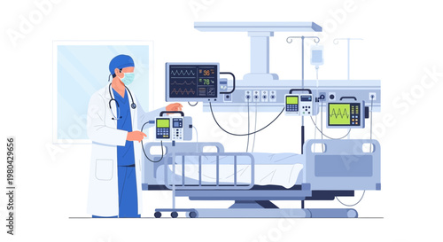 Doctor with Medical Equipment in Intensive Care Unit