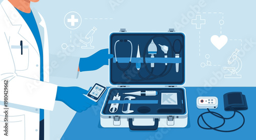 Doctor with medical kit and digital health devices, telemedicine concept