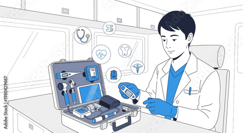 Doctor with medical kit and digital health icons, telemedicine concept