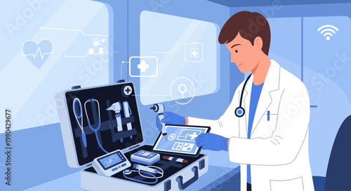 Doctor with medical kit and digital tablet, futuristic healthcare concept