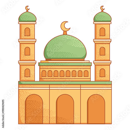 hand-drawn illustration of a traditional Islamic mosque, featuring a grand green dome, tall minarets, and crescent moon symbols..